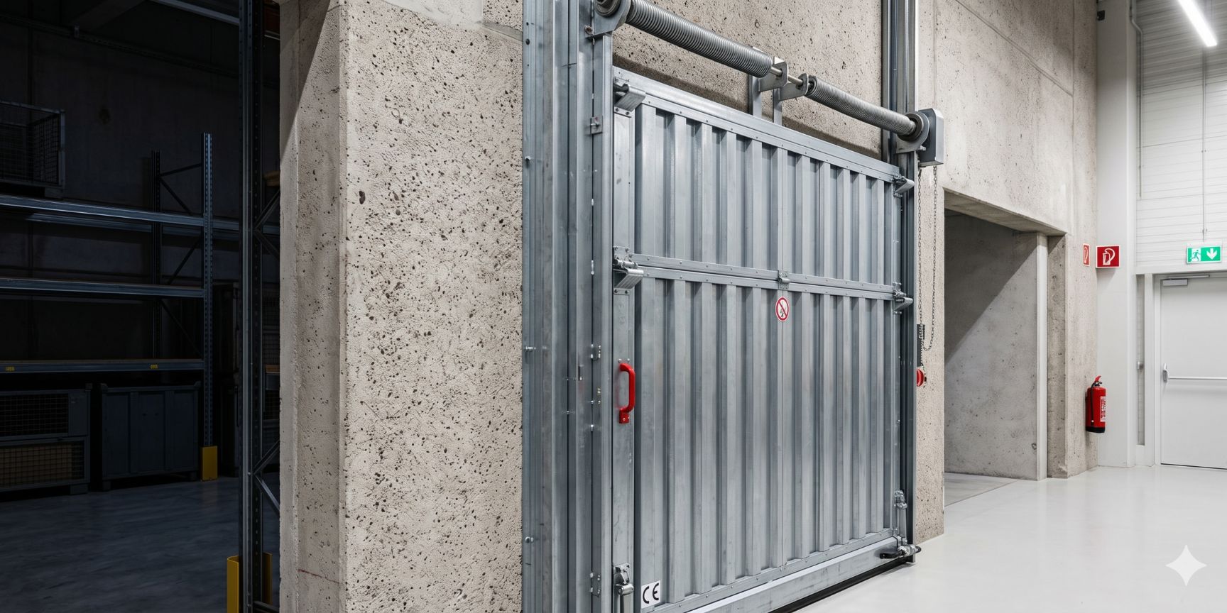 Robustes, geschlossenes Brandschutz-Sektionaltor (T90), das zwei Hallenbereiche in einer Logistikimmobilie trennt. CE-Kennzeichnung und Notausgang sind sichtbar.